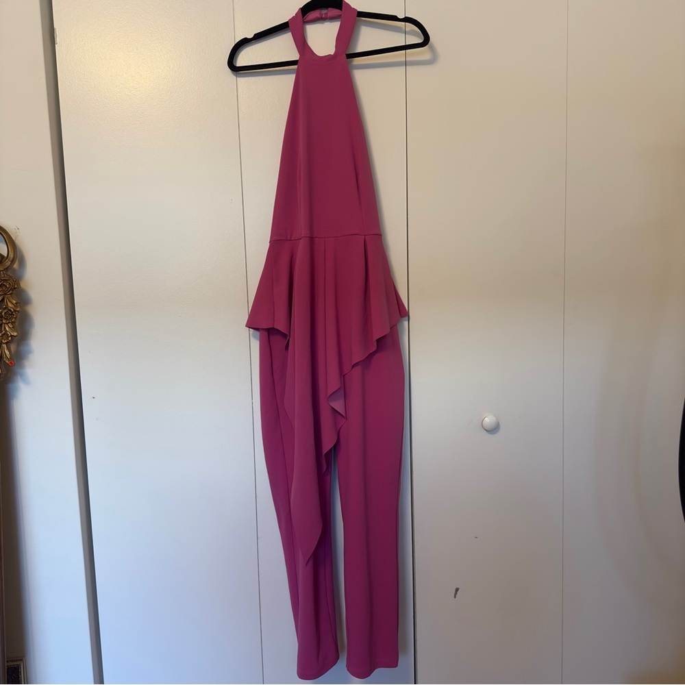 ASOS High Neck Open Back Peplum Jumpsuit | Pink Draped Ruffle